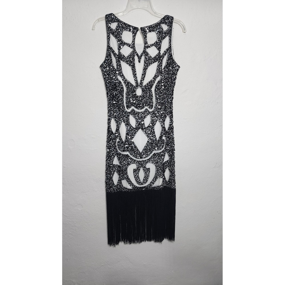 Sequin Flapper Fringe Dress Medium Black White Gatsby Art Deco 20s Style - Picture 4 of 7